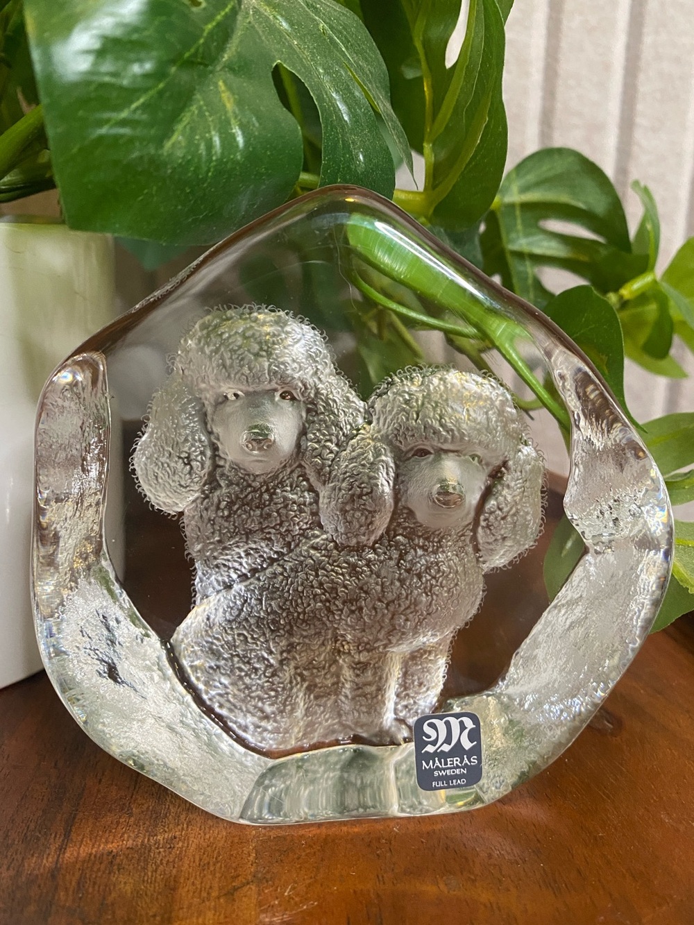 Vintage Crystal Poodles Doodles Paperweight Maleras Mats Jonasson Sweden Signed
